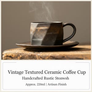 May include: A vintage, textured ceramic coffee cup and saucer set. The cup has a geometric design and a dark, rustic finish. Steam rises from the cup, suggesting a warm beverage. The set is handcrafted and sits on a wooden surface. The text on the image says "Vintage Textured Ceramic Coffee Cup".