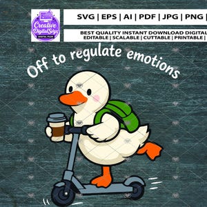 Puede incluir: Un pato de dibujos animados montado en un scooter, sosteniendo una taza de café y llevando una mochila. La imagen incluye el texto "Off to regulate emotions" encima del pato. El fondo es una veta de madera de color verde azulado.