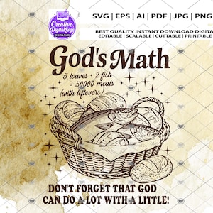 May include: A digital design featuring a basket with fish and loaves of bread, with the text "God's Math." The design includes the text "Don't forget that God can do a lot with a little!" and is available in various digital file formats.
