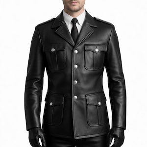 May include: A black leather jacket with four front pockets, silver buttons, and epaulets. The jacket is worn with a white collared shirt and black tie. The person is also wearing black leather gloves and pants.