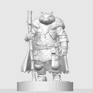 May include: A grayscale figurine of a rodent-like character, possibly a fantasy creature. It is wearing a coat with a fur collar, a belt, and knee pads. The figure holds a wooden staff and stands on a circular base.
