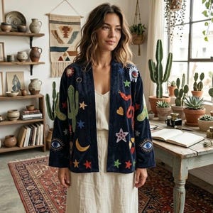 May include: Navy blue velvet jacket with colourful embroidered patches of stars, cacti, eyes, and a snake. The open-front jacket is worn over a cream-coloured dress. The background includes a rug, shelves with pottery, and potted plants.
