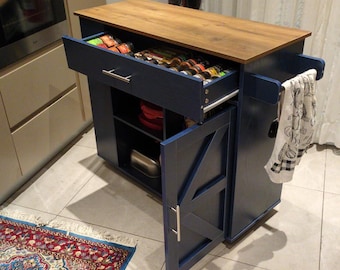 Rolling Kitchen Island with Storage with Drawer, Space holder for towel