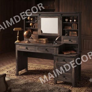 May include: A dark wood desk with a hutch featuring open shelving, a central mirror, and multiple drawers. The desk includes a brass lamp, a globe, and books. The word MAIMDECOR is overlaid on the image in white text across the upper and lower sections.