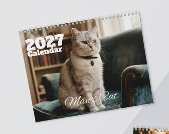 Calendário de parede de gato Manx 2027 | Impressão artística de gato Manx | Calendário de 12 meses com feriados dos EUA e do Reino Unido