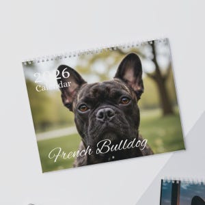 May include: A 2026 calendar with a spiral binding, showcasing a French Bulldog. The dog has dark brown fur and is the central focus. The text "2026 Calendar" and "French Bulldog" are displayed on the calendar.
