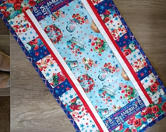 Handmade Patriotic Table Runner Red White and Blue Floral Table Decor USA
