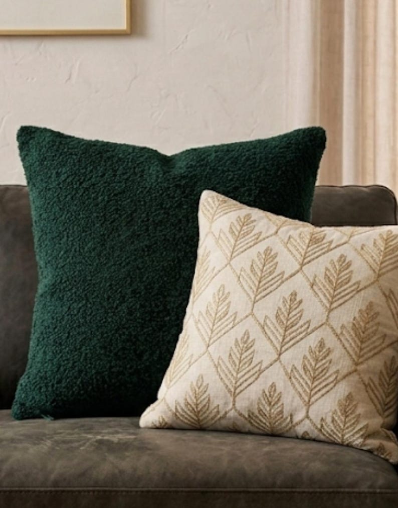 Donkergroene bouclé kussensloop, bosgroen getextureerde kussenhoes, modern sierkussen, teddystof kussen, decoratief bankkussen afbeelding 3