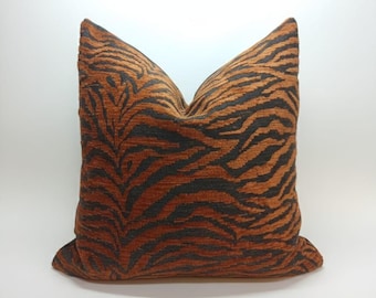 Rust Animal Print Pillow Cover, Zebra Velvet Cushion, Tiger Stripe Throw Pillow, Safari Home Decor, Boho Brown Living Room Accent Case