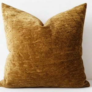 Peut inclure: Un coussin carré en velours brun doré avec une surface texturée. Le coussin est d'une teinte chaude et terreuse et est probablement utilisé pour la décoration intérieure. Le coussin est placé sur un fond blanc.