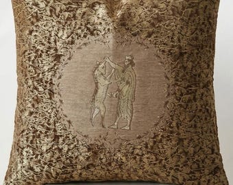 Antique Gold Mythology Pillow Cover, Baroque Art Cushion, Vintage Classical Throw Pillow, Luxury Ornate Decor, Bronze Velvet Accent Pillow