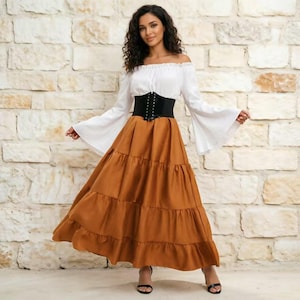 tiered brown dress Women's Solid Long Bell Sleeve Tiered Mini Dress in Golden Brown main image 0