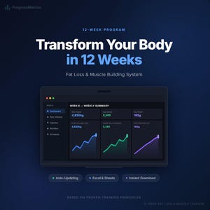 May include: A dark blue graphic with the text "Transform Your Body in 12 Weeks" and a laptop displaying fitness data. The laptop screen shows weekly summaries of gym volume, calories, and protein. The program is a 12-week fat loss and muscle tracker.