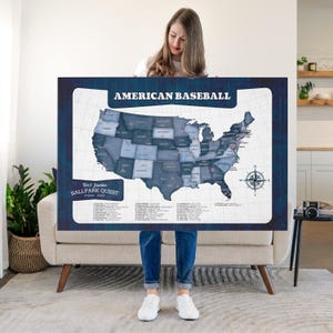 May include: A rectangular wall map titled AMERICAN BASEBALL featuring a blue-toned map of the United States with state borders, a compass rose, and a list of numbered baseball stadiums. The design includes a dark blue border and white background.