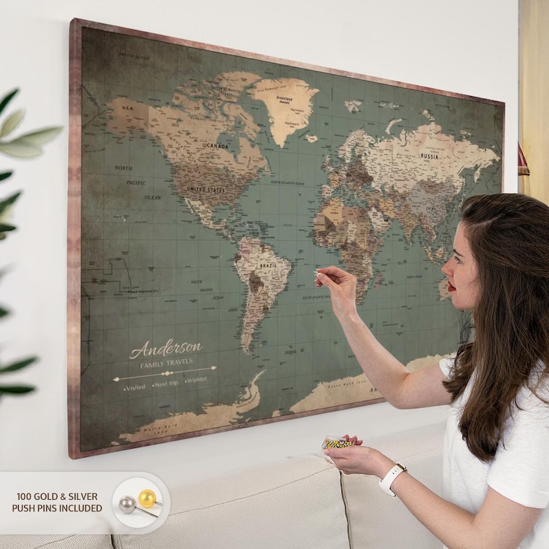 Personalized Vintage Push Pin World Map - Etsy