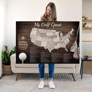 May include: A rectangular wall art piece titled My Golf Quest featuring a map of the United States on a dark wood background. The design includes a compass rose, a golf ball, and two golf clubs, with a list of golf courses printed below the map.