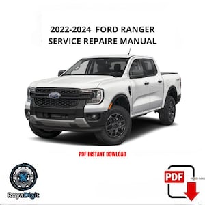 Może przedstawiać: Biały pickup Ford Ranger z lat 2022-2024 z czarnymi kołami i czarnym przednim grillem. U góry wyświetlany jest tekst "2022-2024 FORD RANGER SERVICE REPAIRE MANUAL". Widoczne są również słowa "PDF INSTANT DOWLOAD".