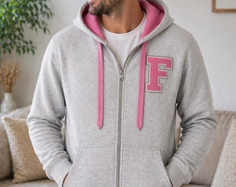 Men's zip-up sweatshirt for dads – Grey hoodie with pink lining – Gift for new dads – Personalized dad sweatshirt – Approved by moms