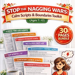 May include: A toolkit titled "STOP THE NAGGING WARS: Calm Scripts & Boundaries Toolkit" for ages 7-12. The image features several colorful script cards, a "30 PAGES BUNDLE" badge, and an illustration of an angry person. A coffee cup is visible in the lower left corner.