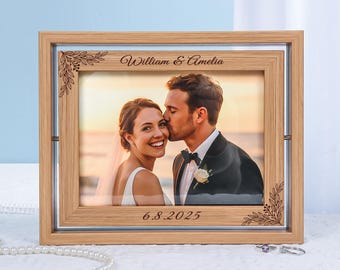 Personalized Rotating Frame, Wedding Favors for Bridesmaid Groomsmen, Double Sided Photo Frame, Custom Wedding Keepsake Gift, Engraved Frame
