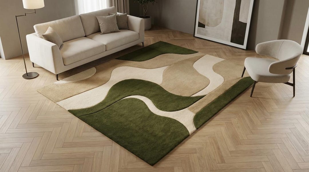 Modern Abstract Wavy Rug - Olive Green & Beige Hand-tufted Designer ...