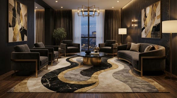 Abstract Marble Rug – Charcoal, Grey, Gold Wavy Hand-Tufted Carpet