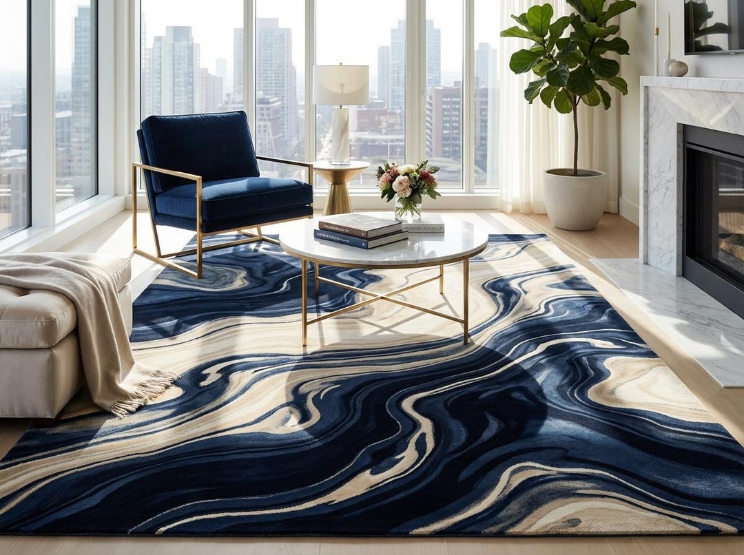 Blue Wavy Pattern Rug Hand-tufted Abstract Blue Swirl Area Rug – Ocean Wave Pattern Carpet - Etsy