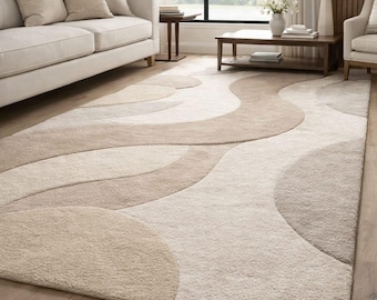 Hand-Tufted Abstract Wavy Rug – Neutral Beige Cream 3D Textured Carpet