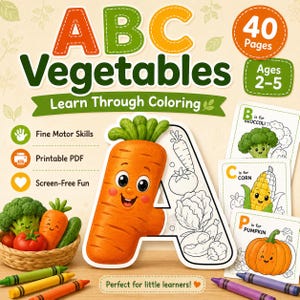 May include: A children's educational coloring book titled "ABC Vegetables." The cover features a large orange letter "A" shaped like a carrot, with the text "Learn Through Coloring." The book includes 40 pages and is designed for ages 2-5. Crayons and vegetable illustrations are also visible.