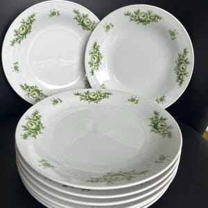 Può includere: Un set di piatti in ceramica bianca con un motivo floreale verde sul bordo. Sono visibili diversi piatti, che mostrano lo stesso motivo. I piatti sono disposti su una superficie scura, evidenziando il design classico ed elegante.