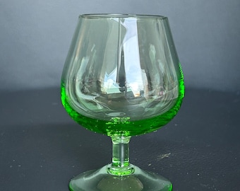 Vintage Uranium Glass Brandy Snifter • Small Green Vaseline Glass Cordial • Mid Century  Art Glass • Glowing Glass •