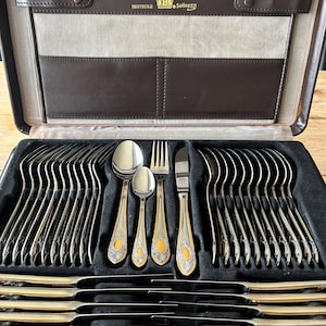 Servizio di posate vintage SBS Solingen da 70 pezzi • Acciaio inossidabile placcato oro 24 carati • Servizio per 12 persone • Posate di lusso tedesche • Condizioni perfette •