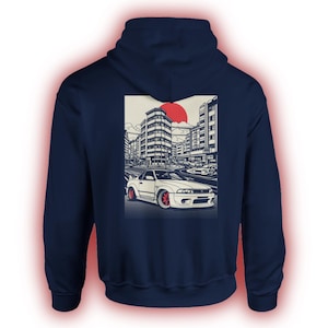 Japan Streetwear Hoodie Sweatshirt mit JDM Drift Auto – Retro Tokyo Car Art Design mit Roter Sonne Geschenk für Auto Fans