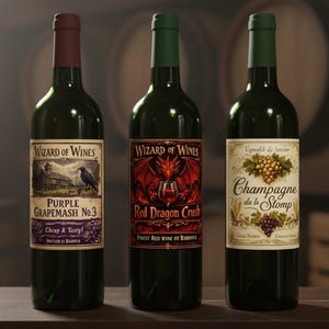 May include: Three wine bottles with different labels. The labels read "Wizard of Wines" and feature illustrations of a raven, a dragon, and grapes. The bottles have green glass and various colored bottle tops.
