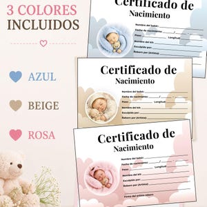 May include: Three birth certificates for reborn dolls in blue, beige, and pink color schemes. Each certificate features a circular photo of a sleeping baby, cloud graphics, and blank lines for baby name, birth date, weight, length, kit name, and artist.