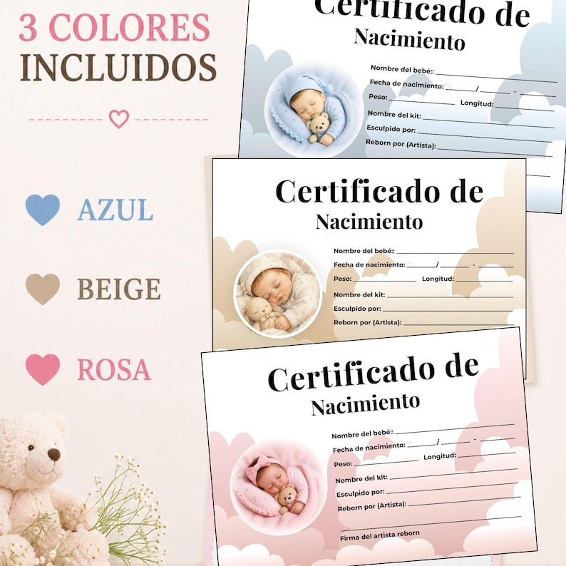 May include: Three birth certificates for reborn dolls in blue, beige, and pink color schemes. Each certificate features a circular photo of a sleeping baby, cloud graphics, and blank lines for baby name, birth date, weight, length, kit name, and artist.