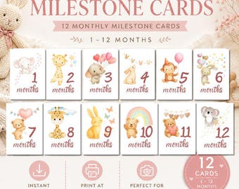 Baby Milestone Cards Printable | Neutral Woodland Animal Milestone Cards | 12 Month Baby Photo Cards | Monthly Milestone Cards