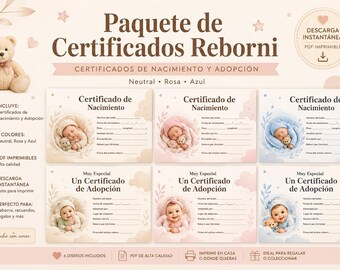 Paquete de Certificados Reborn en Español | Certificados de Nacimiento y Adopción | PDF Imprimible | Descarga Instantánea
