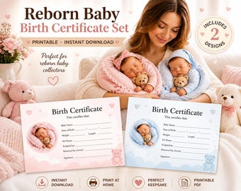 Reborn Baby Birth Certificate Printable | Pink & Blue Certificate Set | Instant Download | Fill by Hand