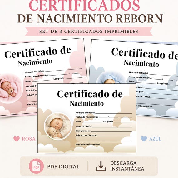 Certificado de Nacimiento Reborn | 3 Certificados Imprimibles para Bebes Reborn | Documento Digital Instantaneo | Espanol