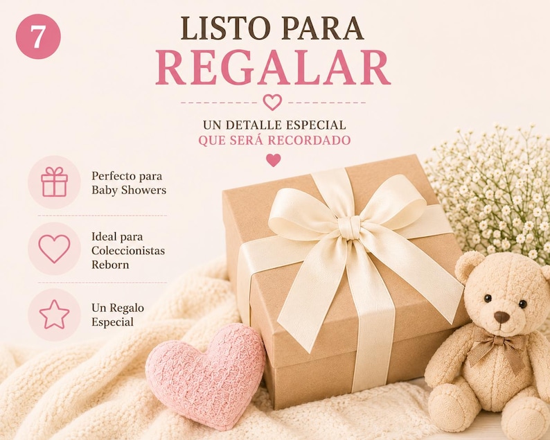 May include: A square cardboard gift box tied with a cream-colored satin ribbon bow, accompanied by a small pink textured heart, a light brown plush teddy bear with a matching bow, and text reading LISTO PARA REGALAR and other Spanish phrases.