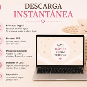 May include: A laptop screen displays the text F&Aacute;CIL R&Aacute;PIDO Y DESDE TU HOGAR with star and cloud graphics. To the left, a list with icons includes the text DESCARGA INSTANT&Aacute;NEA, Producto Digital, Formato PDF, Descarga Inmediata, Imprime en Casa, and Importante.