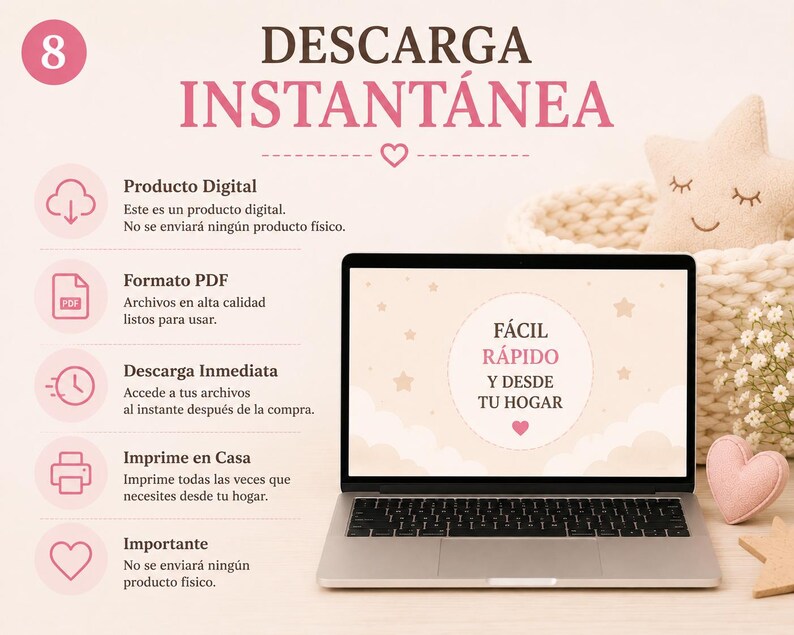 May include: A laptop screen displays the text F&Aacute;CIL R&Aacute;PIDO Y DESDE TU HOGAR with star and cloud graphics. To the left, a list with icons includes the text DESCARGA INSTANT&Aacute;NEA, Producto Digital, Formato PDF, Descarga Inmediata, Imprime en Casa, and Importante.