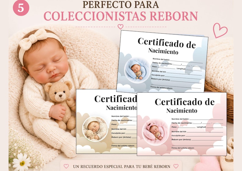 May include: A sleeping reborn doll wearing a cream-colored knitted outfit and headband, holding a small teddy bear. Three birth certificate templates are displayed, featuring blue, beige, and pink cloud designs with blank fields for baby details.