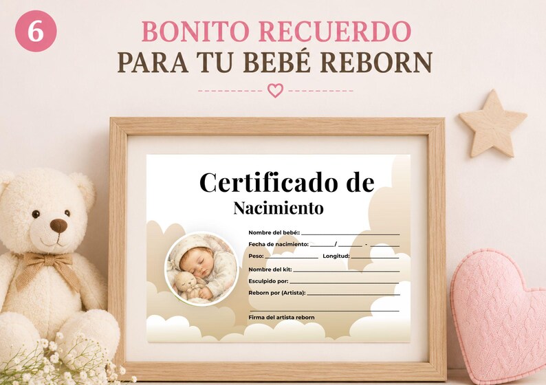 May include: A rectangular wooden frame containing a white birth certificate for a reborn doll. The document features the text Certificado de Nacimiento, a circular photo of a sleeping infant, and blank lines for name, date, weight, and length.
