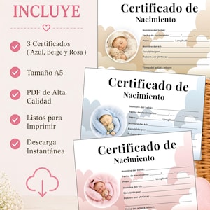 May include: Three A5 birth certificate templates for reborn dolls in blue, beige, and pink. Each document features a circular photo of a sleeping baby, lines for name, date, weight, length, kit name, sculptor, and artist signature, with cloud graphics.