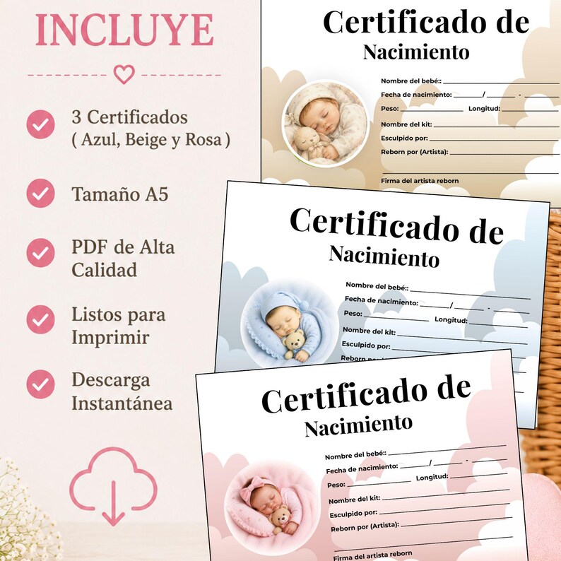 May include: Three A5 birth certificate templates for reborn dolls in blue, beige, and pink. Each document features a circular photo of a sleeping baby, lines for name, date, weight, length, kit name, sculptor, and artist signature, with cloud graphics.