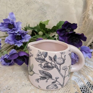 Puede incluir: Jarra de cerámica rosa claro con asa, con una ilustración botánica en blanco y negro de colibríes, flores y frutos. La jarra está colocada frente a flores moradas y un paño de encaje color crema.
