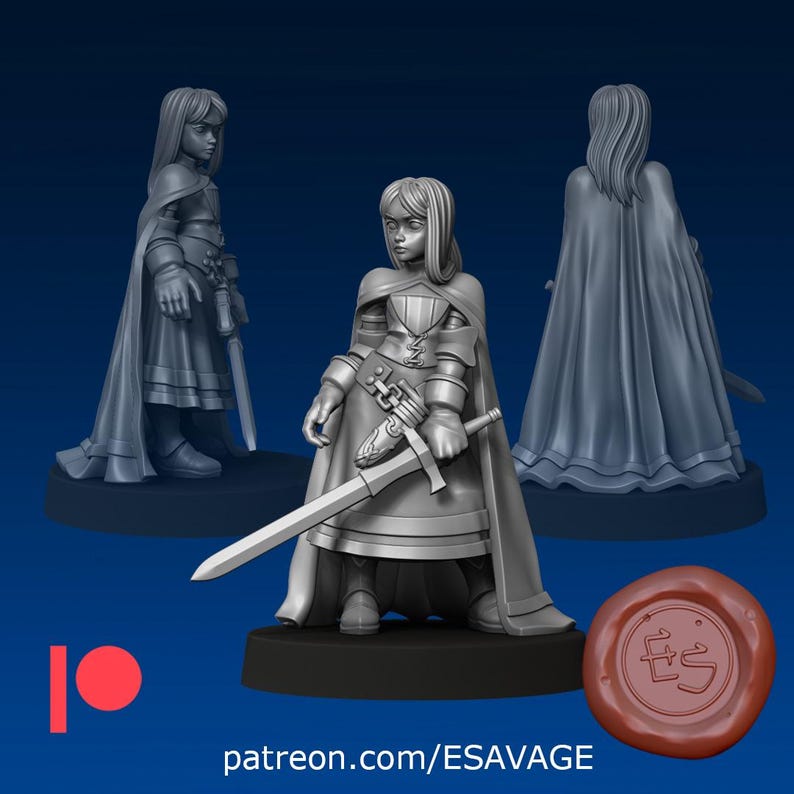May include: A 3D-rendered figurine of a female warrior, clad in armor and a flowing cape, holding a sword. The figure is depicted in three different views, showcasing the front, side, and back. The base is dark, and the background is a gradient blue. The text "patreon.com/ESAVAGE" is visible.