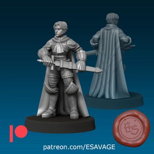 May include: A 3D-printed miniature of a knight in armor, holding a sword. The figure is gray and stands on a black base. A second figure is visible in the background. The image includes the text "patreon.com/ESAVAGE".